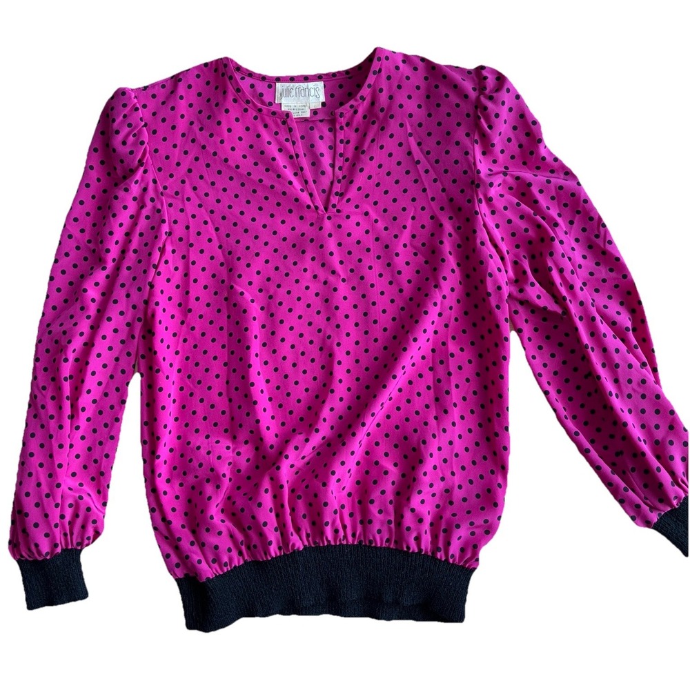 Vtg Y2K 90s V-neck‎ Polka Dot Silk Sweatshirt Size Sm Preppy Girly Bold Hot Pink